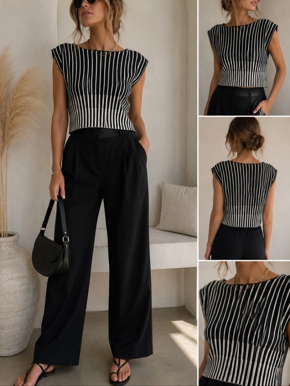 House of Harlow 1960 Striped Knit Crop Top S Quiet Luxury Parisian Chic